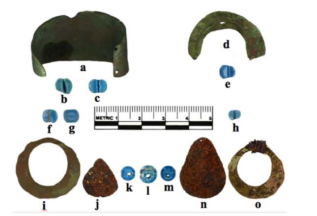 Metal artifacts and glass beads analyzed in the study.