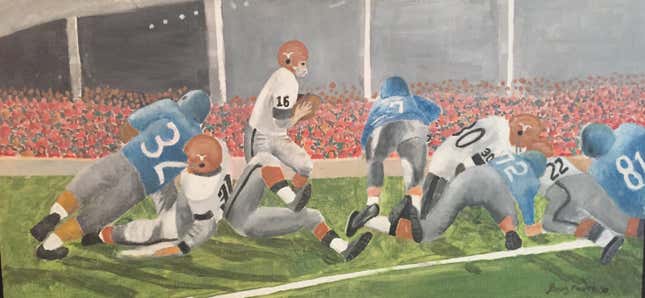 Before his death, Greg Ploetz painted this image of a University of Texas football game. His number was 31 (left).