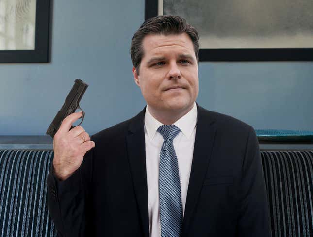 Image for article titled Matt Gaetz Solemnly Raises Pistol To Head After Realizing He Used Barron Trump’s Name While Scolding Witness For Using Barron Trump’s Name