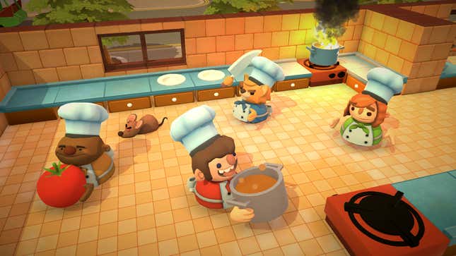 A few cartoon chefs in the video game Overcooked, including a cat running after a mouse with a knife, move frantically around a yellow kitchen. 