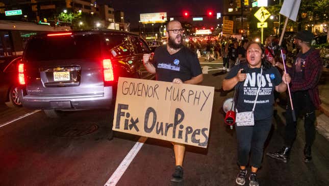 Advocates take to the street August 26, 2019, to protest about the water crisis outside the MTV Video Music Awards.