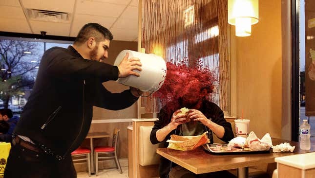 Image for article titled Diners Eating Impossible Burgers Doused With Beet Juice By Protesting Meat-Rights Activists
