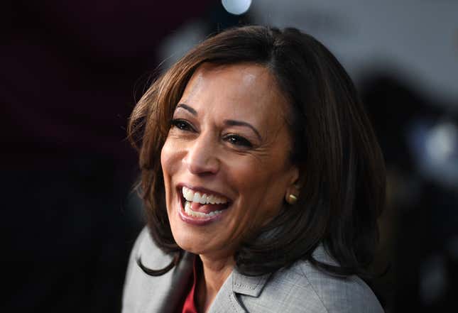Democratic presidential hopeful California Senator Kamala Harris speaks to the press in the Spin Room after participating in the fifth Democratic primary debate of the 2020 presidential campaign season co-hosted by MSNBC and The Washington Post at Tyler Perry Studios in Atlanta, Georgia on November 20, 2019. 