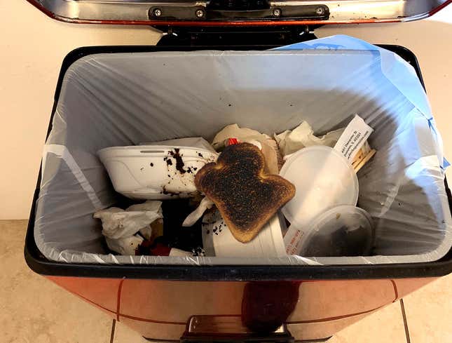 Image for article titled Burnt Piece Of Toast On Top Of Trash Serves As Humiliating Monument To Culinary Failures