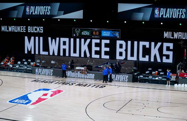 The benches are empty at the scheduled start of the first half of game five between the Orlando Magic and the Milwaukee Bucks in the first round of the 2020 NBA Playoffs at ESPN Wide World Of Sports Complex on August 26, 2020 in Lake Buena Vista, Florida.