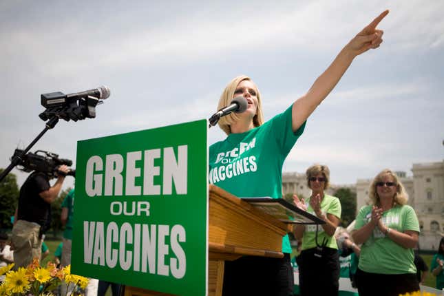 Jenny McCarthy speaks at a rally calling for “healthier vaccines” June 4, 2008 in Washington, DC. 