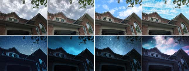 La imagen de la esquina superior izquierda es la foto original capturada por el smartphone. La que se encuentra exactamente a su lado derecho es la versión “mejorada” por la app Photoshop Camera. El resto de imágenes son versiones a las que se les ha aplicado el filtro para incluir un cielo con estrellas y nubes.