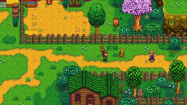 Characters stand in a picture-esque farm.