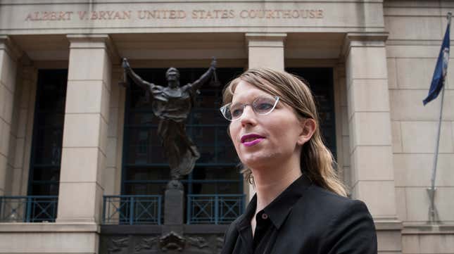 Former Army intelligence analyst Chelsea Manning speaks with reporters, after arriving at the federal courthouse in Alexandria, Va., Thursday, May 16, 2019. 