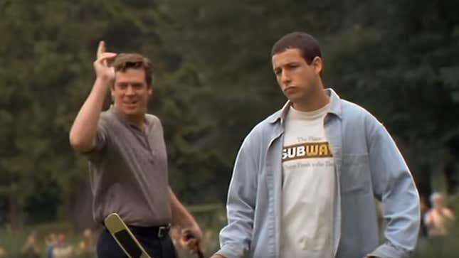 Image for article titled Adam Sandler celebrates 25 years of Happy Gilmore by murdering golf ball, making an Adam Sandler noise