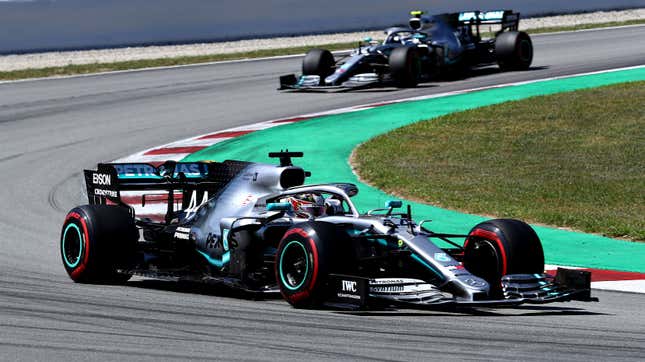 Lewis Hamilton leads Mercedes teammate Valtteri Bottas at the 2019 Spanish Grand Prix.