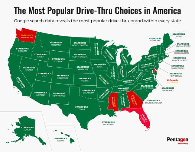 Map displaying "The Most Popular Drive Thru Choices in America"