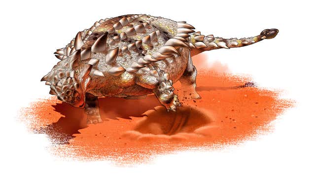 An  ankylosaur goes about excavating a defensive depression.
