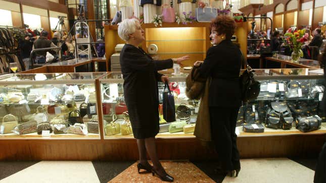 Two fabulous women shop at the Century 21 department store across the street from the site of the World Trade Center towers, February 2002