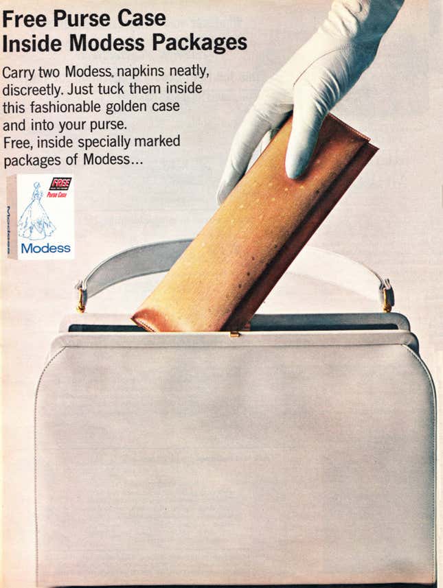 Vintage 1960s magazine advertisement, Modess Sanitary Napkins, with free purse case offer, 1963.