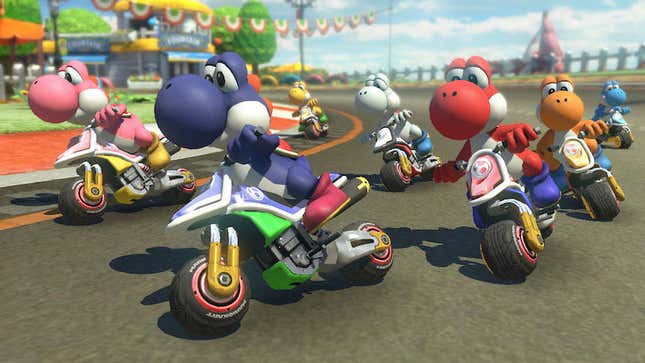a bunch of yoshis driving motorcycles in mario kart 8 deluxe on the nintendo switch