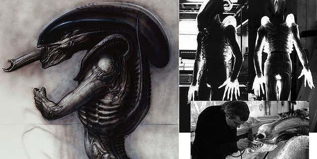 Izquierda: un boceto de H.R. Giger. Derecha: primer prototipo de disfraz y el artista retocando una escultura.