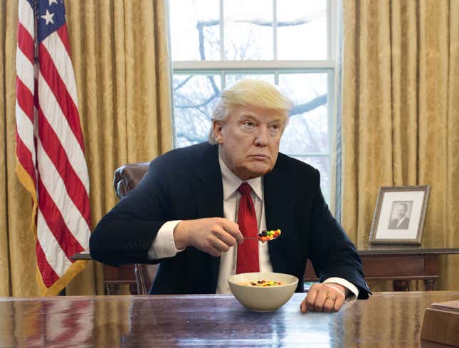 Image for article titled Trump Pours Milk Over Bowl Of Skittles While Settling In To Watch Comey Hearing