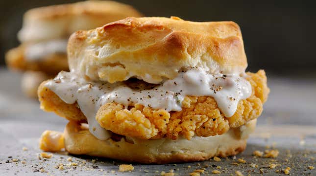 A fried chicken sandwich on a biscuit