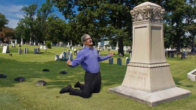 Image for article titled Weeping Tim Cook Spotted Screaming For Help At Steve Jobs’ Tombstone