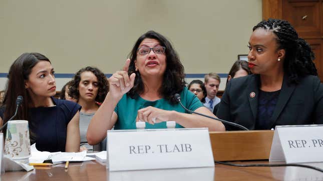 Rep. Alexandria Ocasio-Cortez, Rep. Rashida Tlaib, and Rep. Ayanna Pressley testify before the House Oversight Committee hearing on family separation and detention centers, on Friday, July 12, 2019 on Capitol Hill in Washington.