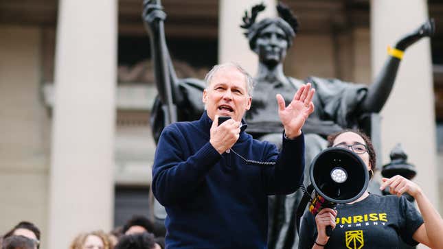 Jay Inslee addressing climate strikers at Columbia University last month.