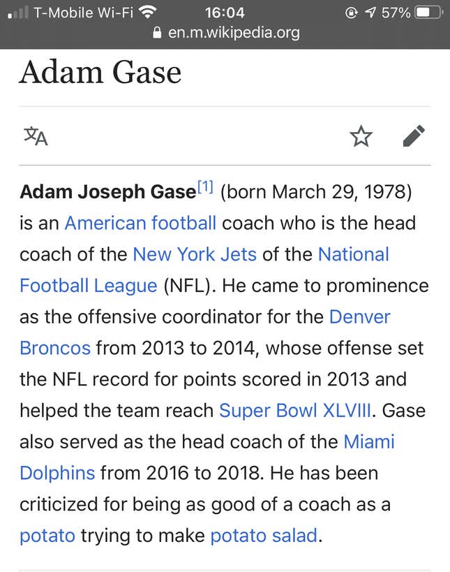 Image for article titled Is Adam Gase a better coach than a potato? Wikipedia says no
