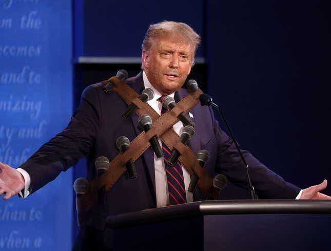 Image for article titled Grizzled Trump Throws Off Poncho To Reveal Bandolier Of Microphones