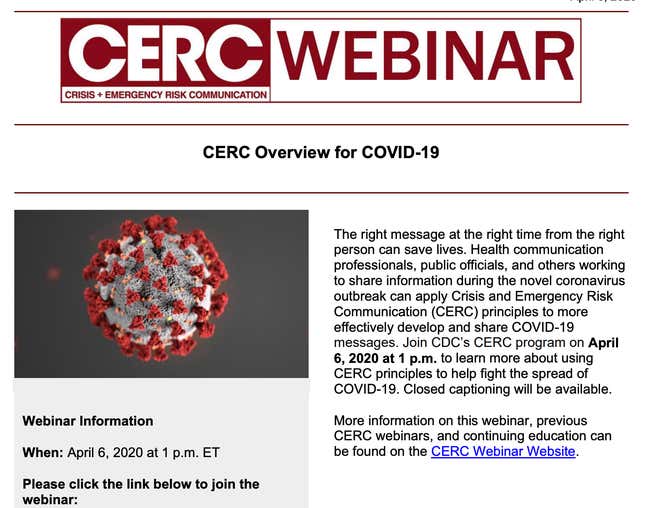 A screenshot from one CDC webinar concerning COVID (link omitted).