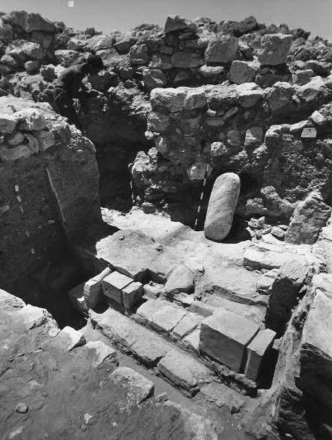 The Tel Arad site during excavations in the 1960s, showing the two toppled altars in their original position.