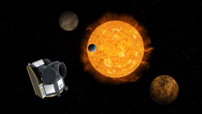Artist’s conception of CHEOPS, with an exoplanetary system in the background (not to scale, obviously).