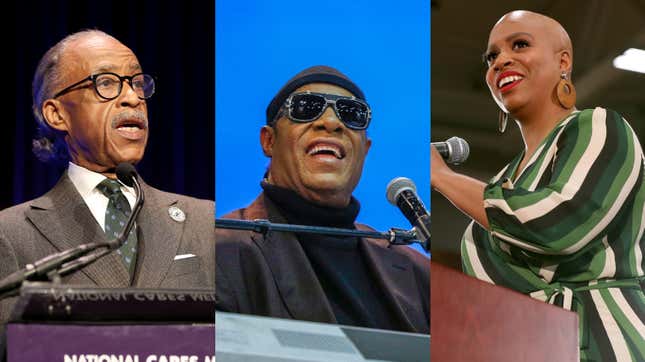 Al Sharpton, left, speaks onstage on February 10, 2020 in New York City; Stevie Wonder at the funeral of former U.S. Congressman John Conyers Jr. (D-MI) on November 4, 2019 in Detroit, Mich.; Rep. Ayanna Pressley (D-Mass.) during a campaign rally February 01, 2020 in Cedar Rapids, Iowa.