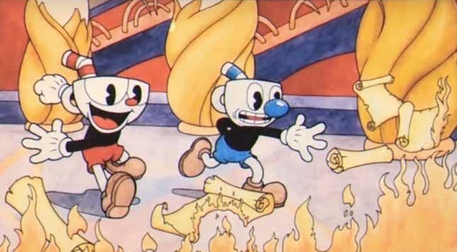 Cuphead and Mugman throwing contracts into a fire.
