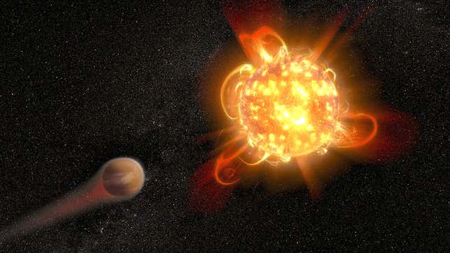 Un exoplaneta, orbitando alrededor de una enana roja.