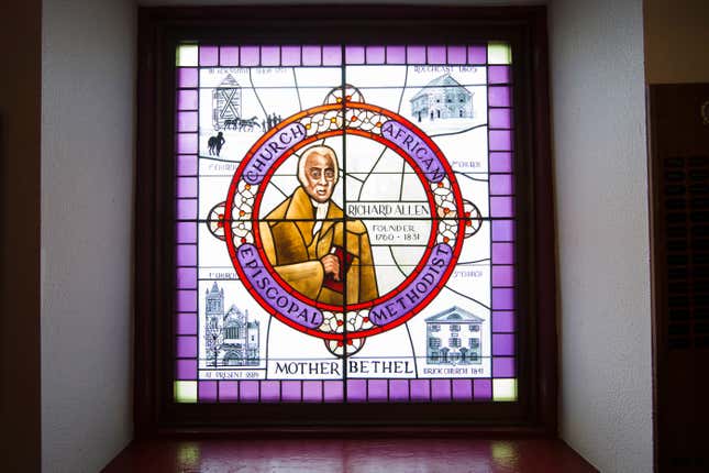 Shown is a stained-glass depiction of Richard Allen at the Mother Bethel African Methodist Episcopal Church in Philadelphia, Wednesday, July 6, 2016. The church marks its 200th anniversary in the city where it was founded by a former slave. 
