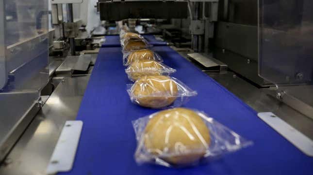 Pastries being packaged at a flight catering facility, 2019