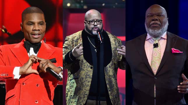 Kirk Franklin, left, at the 2019 Super Bowl Gospel Celebration on January 31, 2019 in Atlanta, Georgia. ; Fred Hammond at the BET Super Bowl Gospel Celebration on January 30, 2020 in Miami, Florida. ; Bishop T.D. Jakes at the MegaFest “Women Thou Art Loosed” on July 1, 2017 in Dallas, Texas.