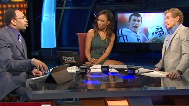 Image for article titled Nation Feels Fucking Awful For Woman Who Sits Between Skip Bayless, Stephen A. Smith