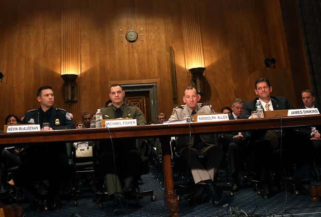 Kevin McAleenan of U.S. Customs and Border Protection, Michael Fisher, chief of the U.S. Border Patrol, Randolph Alles, of the Customs and Border Protection’s Office and James Dinkins, of Homeland Security Investigations at U.S. Immigration and Customs Enforcement, participate in a Senate Homeland Security hearing on Capitol Hill, April 10, 2013 in Washington, DC.