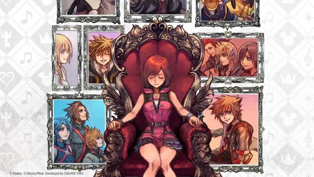 Kairi on her throne with icons of all the Kingdom Hearts saints behind her.