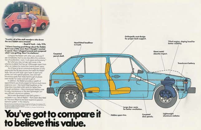 Image for article titled This 1977 Volkswagen Rabbit Brochure Highlights A Feature I Bet Nobody Gives Two Shits About Today