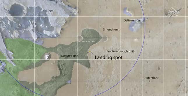 Map showing Perseverance’s landing spot within Jezero crater, with interesting geological features shown in green.