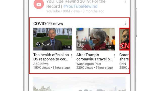 Image for article titled YouTube Launches Verified Coronavirus Coverage Hub on Homepage