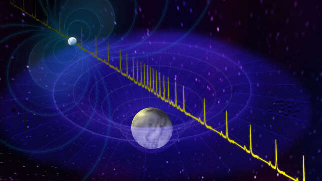 Concepto artístico que ilustra cómo el campo gravitatorio de la enana blanca altera las emisiones del púlsar.