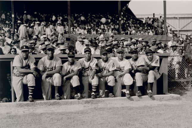 Eight black MLBers photographed at a Negro League Alumni All-Star Game in 1952. L-R: George Crowe, Joe Black, Hank Thompson, Sam Jethroe, Larry Doby, Roy Campanella, Monte Irvin, and Harry “Suitcase” Simpson.