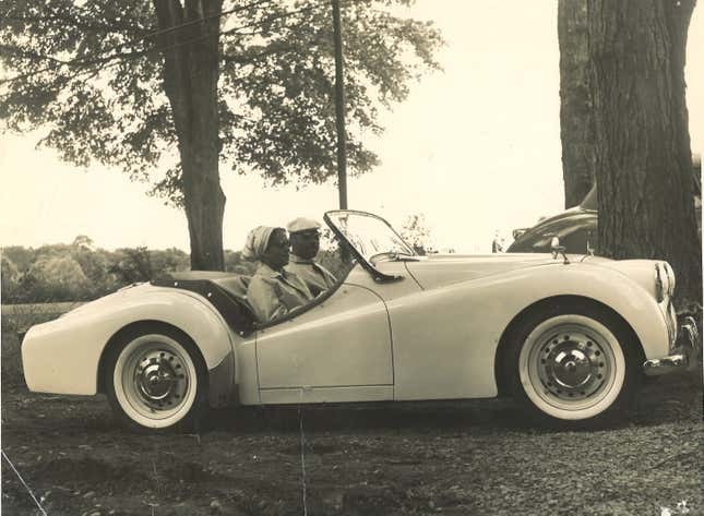 Jim and his first wife, Gloria, take a ride in their Triumph TR3 in Rome, NY.