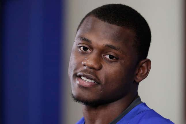 New York Giants first round draft pick Deandre Baker, selected 30th overall, talks to reporters during NFL football rookie camp, Friday, May 3, 2019, in East Rutherford, N.J.