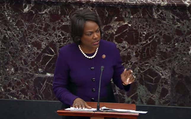 In this screengrab taken from a Senate Television webcast, House manager Rep. Val Demings (D-FL) speaks during impeachment proceedings against U.S. President Donald Trump in the Senate at the U.S. Capitol on February 3, 2020, in Washington, DC.