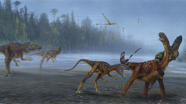 A pack of Allosaurus jimmadseni attacking a young sauropod.