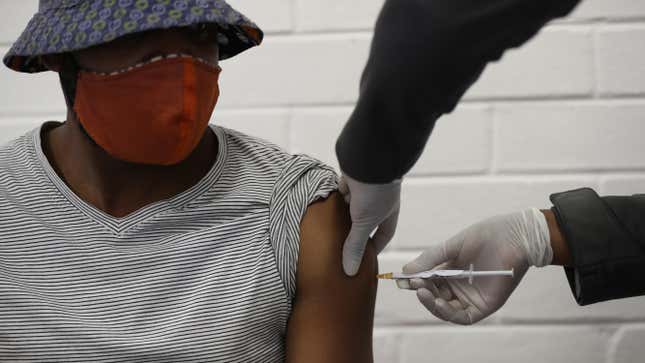 A woman at the Baragwanath hospital in Soweto, South Africa receiving an injection as a part of a covid-19 vaccine trial in June 2020. 